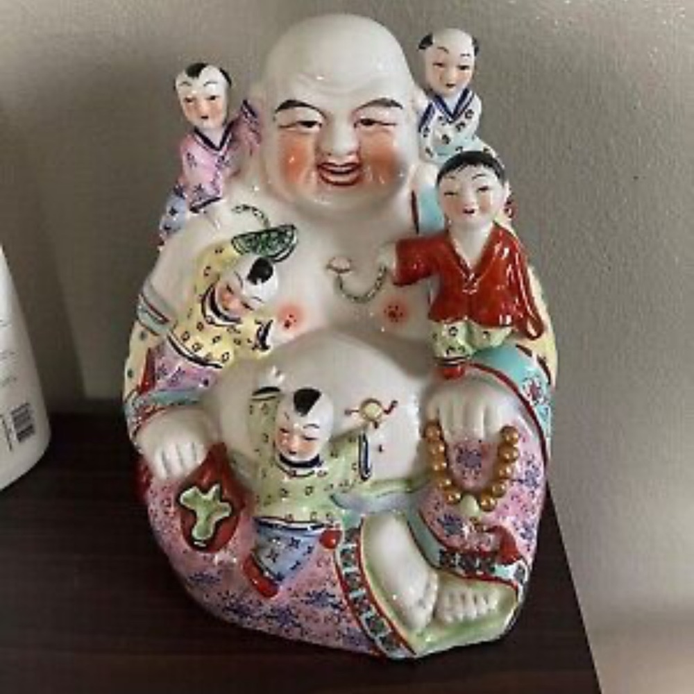 Vintage Porcelain Fertility Buddha with Climbing Children 12"inches Good Luck.